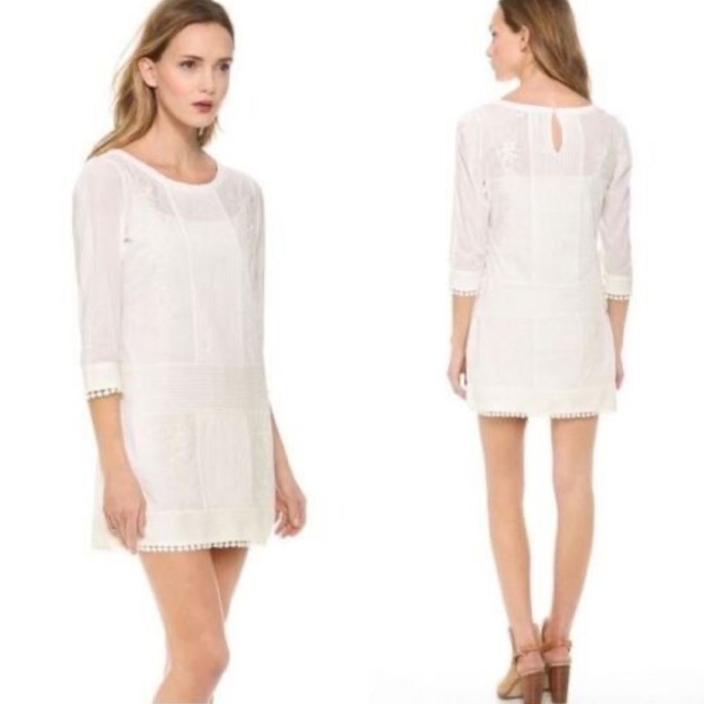 Pam & Gela White Embroidered 3/4 Sleeve Mini Dress Size Small Neutral Preppy